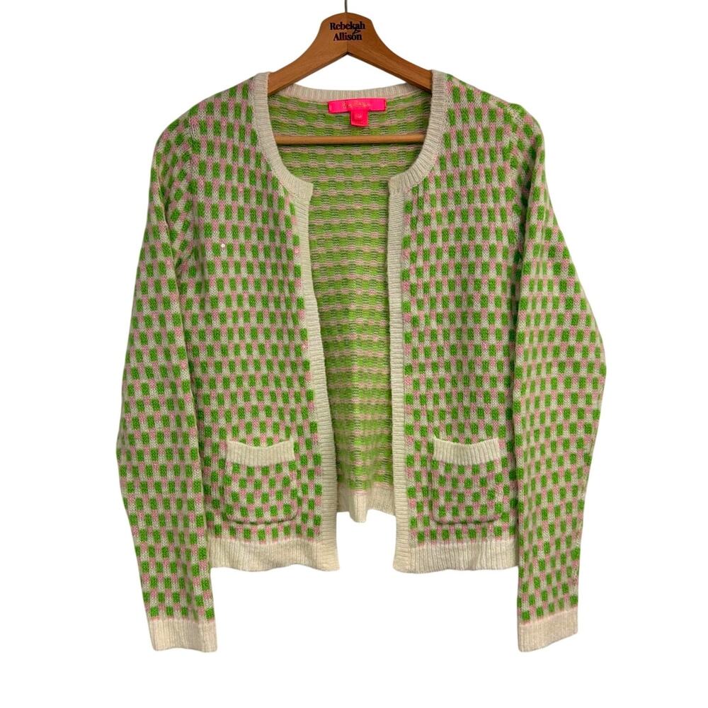 Lilly Pulitzer Viera Sweater Orb Green Check Jacquard SZ XS Preppy Knit Wool EUC